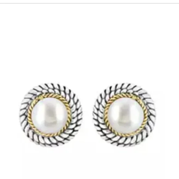 🦪Effy Freshwater Pearl Button Earrings in Sterling Silver and 18K